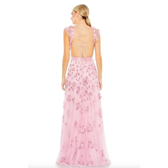 Mac Duggal 93692 Floral Embellished Lace Up Pink Gown Size 8 Maxi Dress - Picture 2 of 8